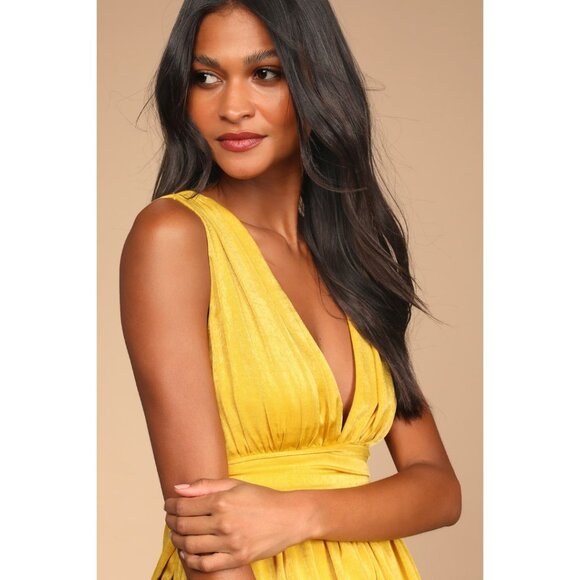 Lulus Peak Party Vibe Mustard Yellow Satin Tiered Tie-back Midi Dress - Size L - Picture 3 of 10